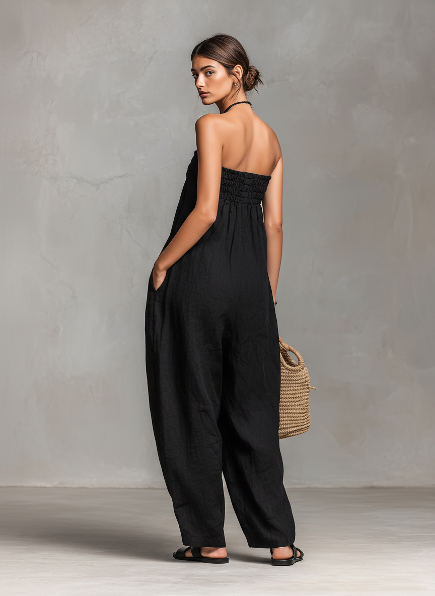 Tuta senza spalline in misto lino minimalista da donna con chiusura a lacci MDZ2024A9Y