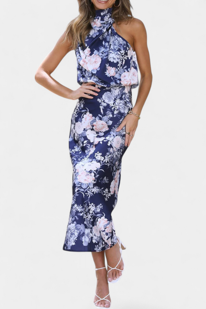 Lisa Abito Maxi Floreale con Collo Halter e Vita Elastica