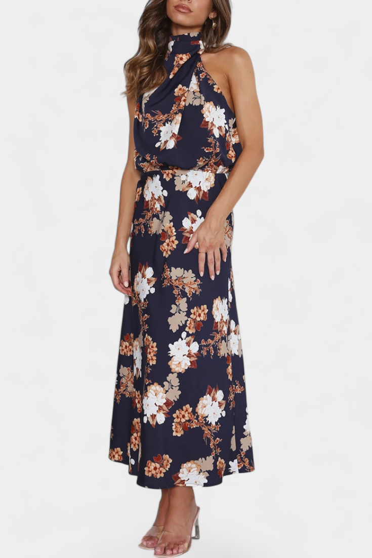 Lisa Abito Maxi Floreale con Collo Halter e Vita Elastica