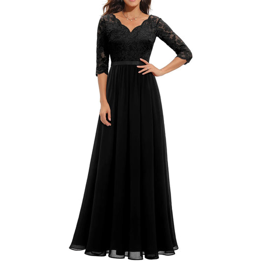 Women's Solid Color A-line Slim Spring And Fall Casual Dress Patchwork Lace V-neck Mid-Sleeve Backless Long Dress