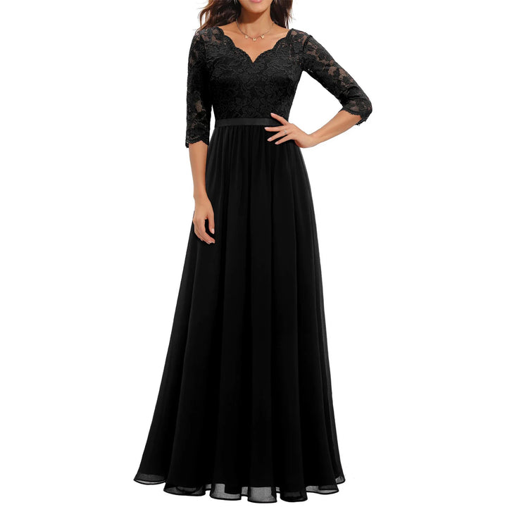 Women's Solid Color A-line Slim Spring And Fall Casual Dress Patchwork Lace V-neck Mid-Sleeve Backless Long Dress