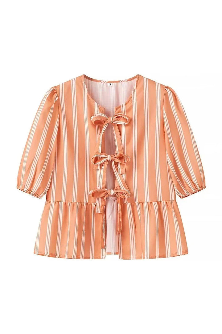 Sofia™ | Blusa a righe con maniche a sbuffo, peplum e fiocchetti