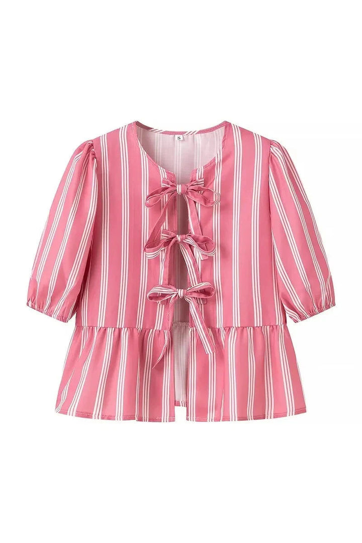 Sofia™ | Blusa a righe con maniche a sbuffo, peplum e fiocchetti