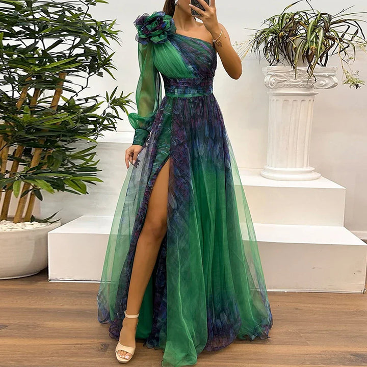 Judith - Vestito Maxi in Rete Stampato con Spalla Scoperta alla Moda