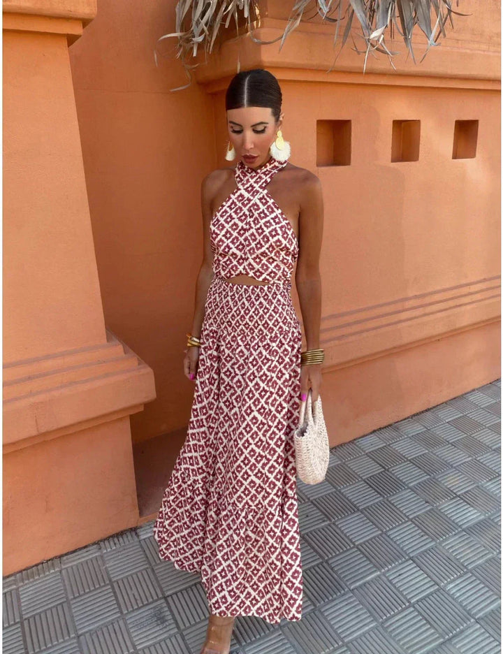 Mickay | Abito midi elegante arricciato con spalle scoperte