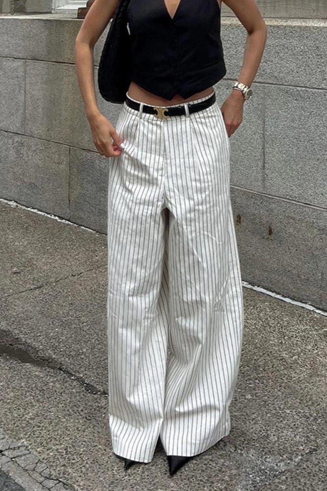Sofia™ | Pantaloni a gamba larga con tasche a righe, senza cintura