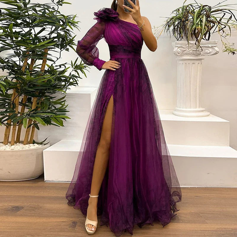 Judith - Maxi Dress in Stile Trendy con Spalla Scoperta e Stampa in Rete