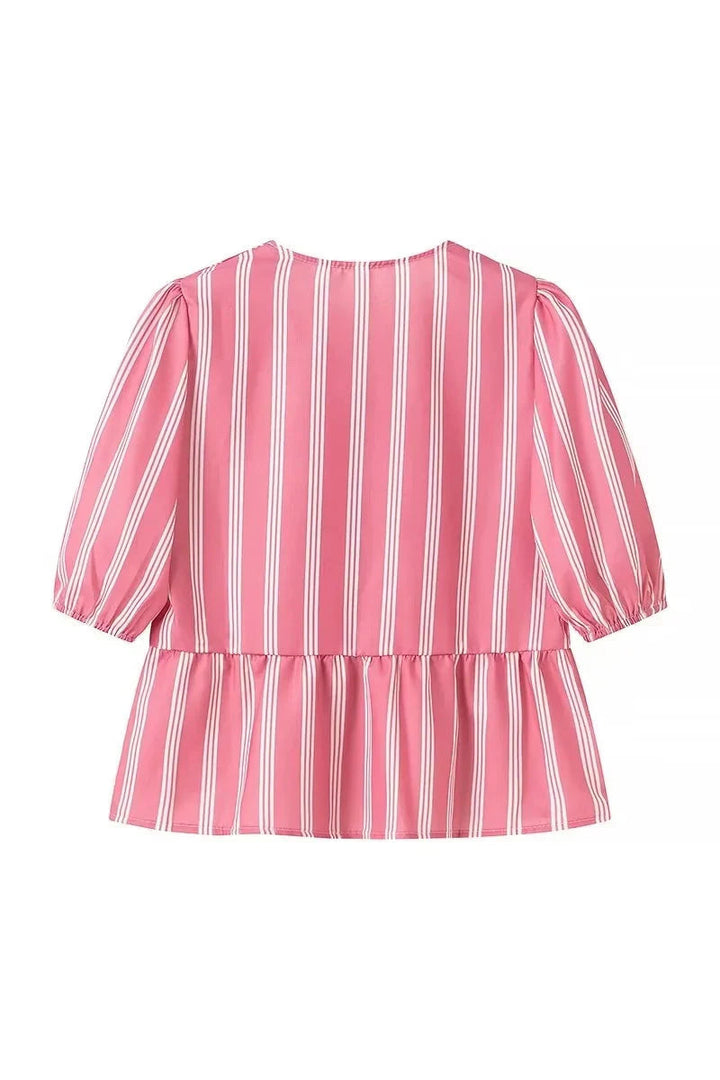Sofia™ | Blusa a righe con maniche a sbuffo, peplum e fiocchetti