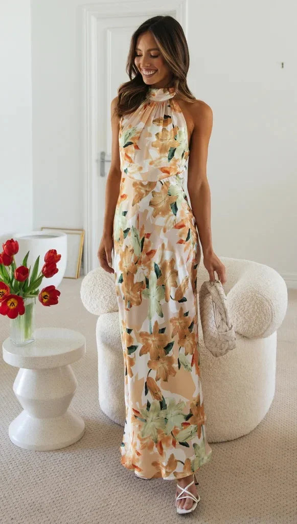 Giulia – Abito Lungo Floreale con Collo Halter