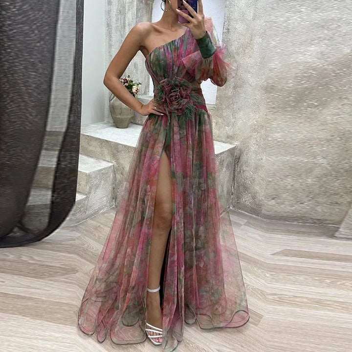 Viviana | Abito da Sera Asimmetrico con Fiore Decorativo