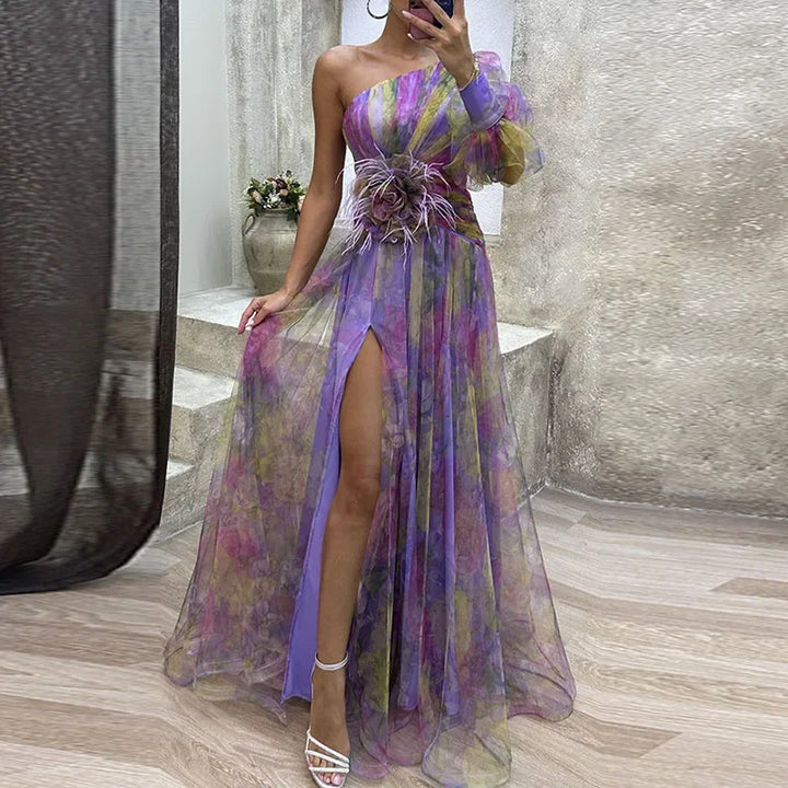 Viviana | Abito da Sera Asimmetrico con Fiore Decorativo