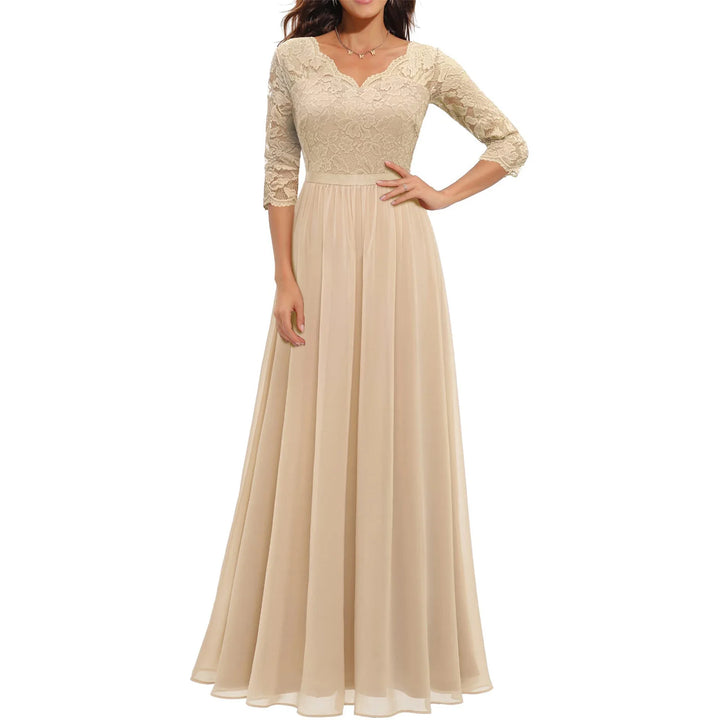 Women's Solid Color A-line Slim Spring And Fall Casual Dress Patchwork Lace V-neck Mid-Sleeve Backless Long Dress