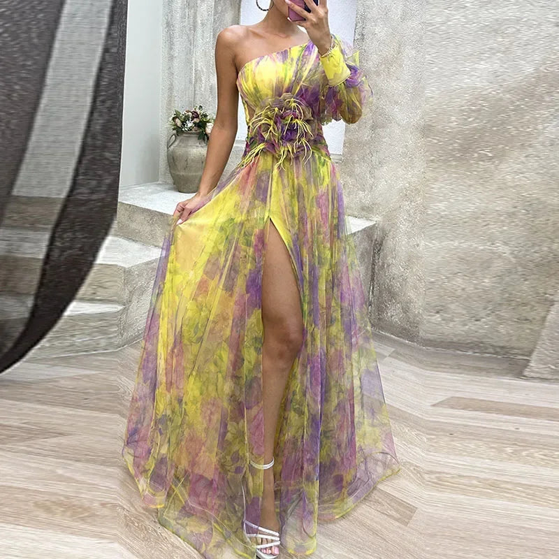 Viviana | Abito da Sera Asimmetrico con Fiore Decorativo