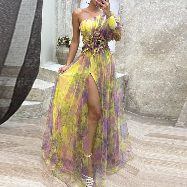 Viviana | Abito da Sera Asimmetrico con Fiore Decorativo
