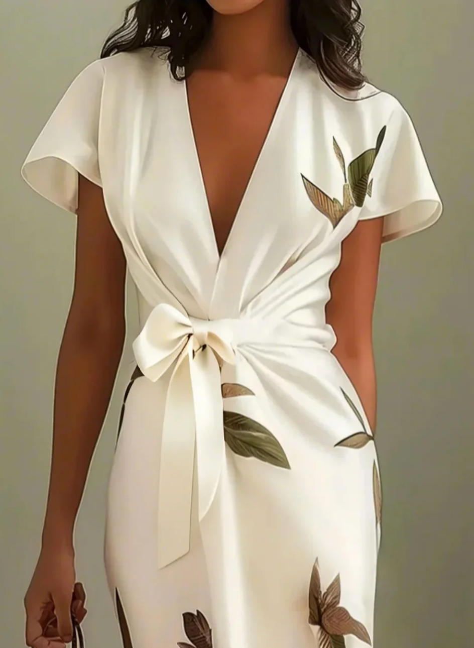 Sofia™ -Abito midi elegante in raso bianco con maniche corte e nodo laterale