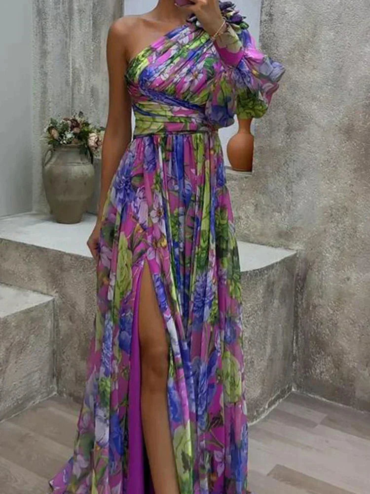 Amara | Maxi abito floreale monospalla