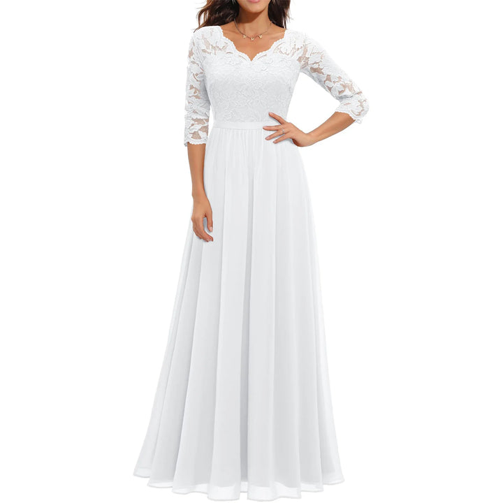 Women's Solid Color A-line Slim Spring And Fall Casual Dress Patchwork Lace V-neck Mid-Sleeve Backless Long Dress