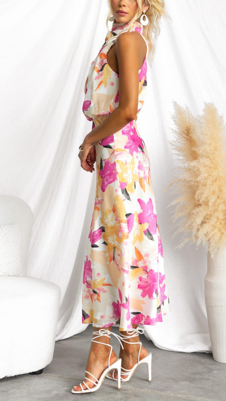 Elena | Abito Midi con Collo Alto e Motivo Floreale
