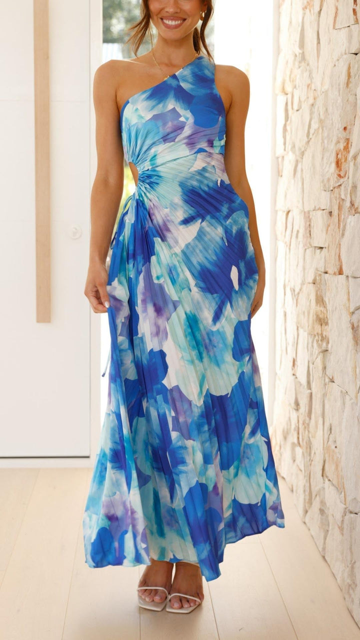 Madison | Abito Maxi a Spalla Unica con Pieghe Floreali