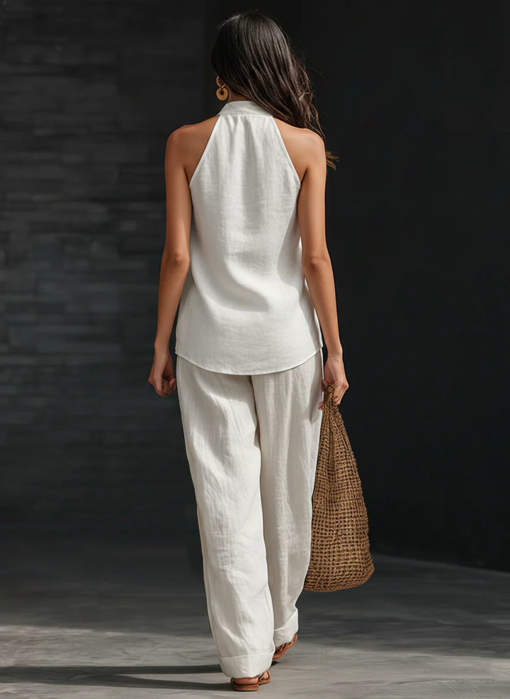 Bianca | Completo in Lino con Scollo a V e Pantaloni Fluidi