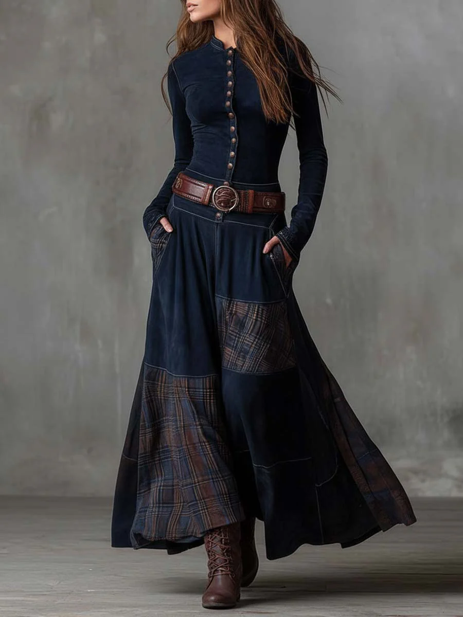 Abito Maxi Vintage in Pelle Scamosciata con Pannelli a Quadri