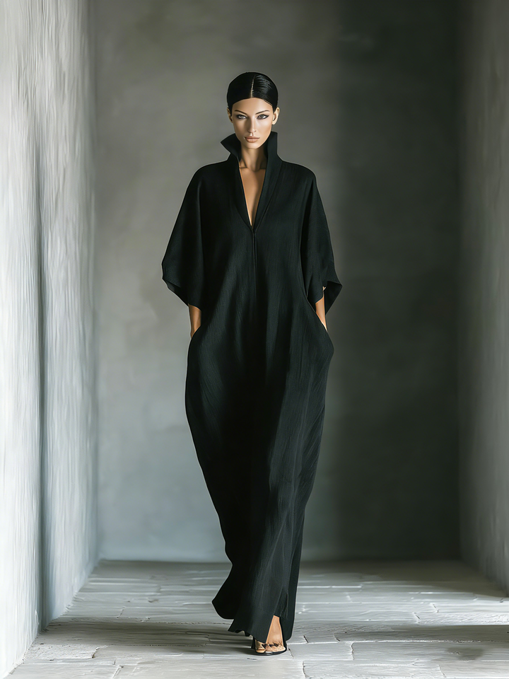 Abito Maxi Nero in Tessuto Misto Cotone da Donna con Maniche a Kimono e Tasche MDZ0577A3T