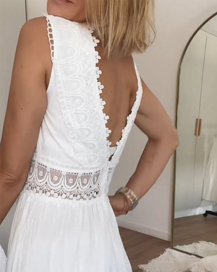 ALYSSA | Abito Midi Senza Maniche con Scollo a V e Delicati Dettagli in Pizzo