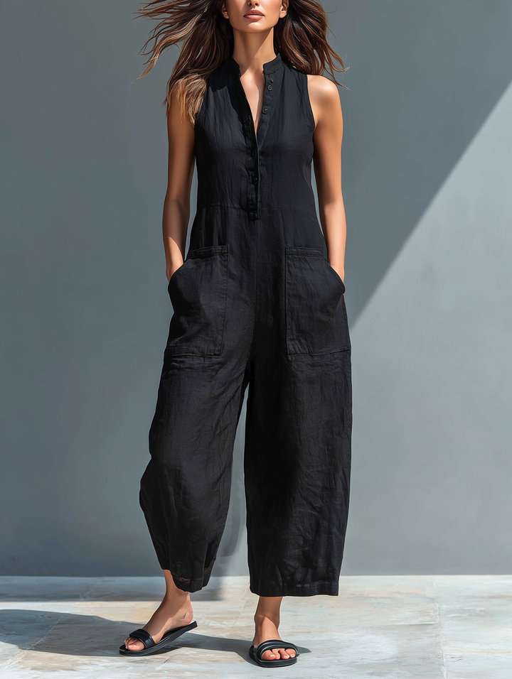 Jumpsuit senza maniche in misto lino minimalista per donna con colletto alto MDZ2725A5Y
