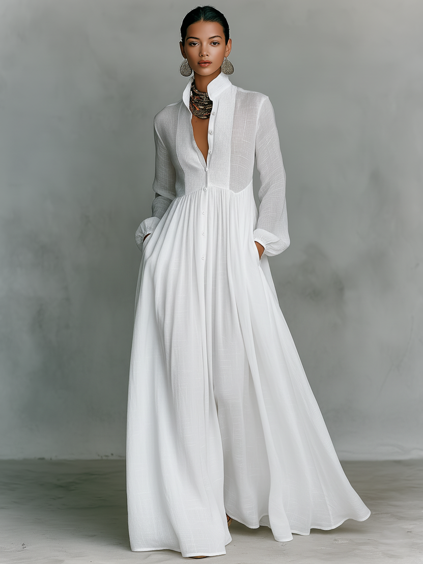 Abito Maxi Minimalista in Cotone e Lino con Pannelli per Donne, Collo Alto, Maniche Lunghe, Abbottonatura Singola MDA0658K6Y