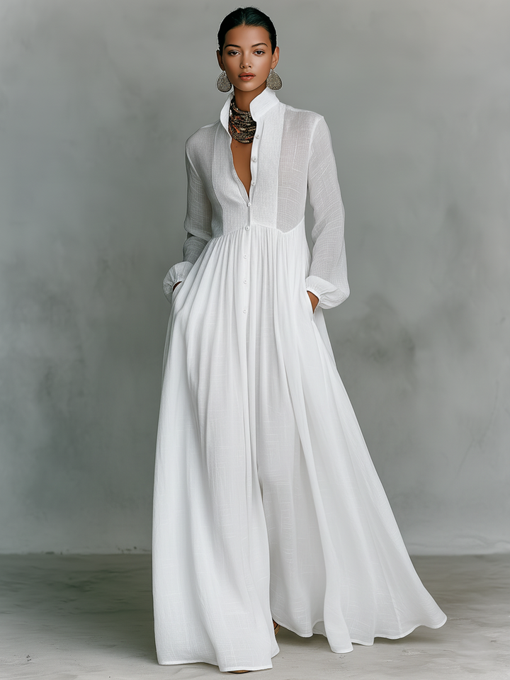Abito Maxi Minimalista in Cotone e Lino con Pannelli per Donne, Collo Alto, Maniche Lunghe, Abbottonatura Singola MDA0658K6Y