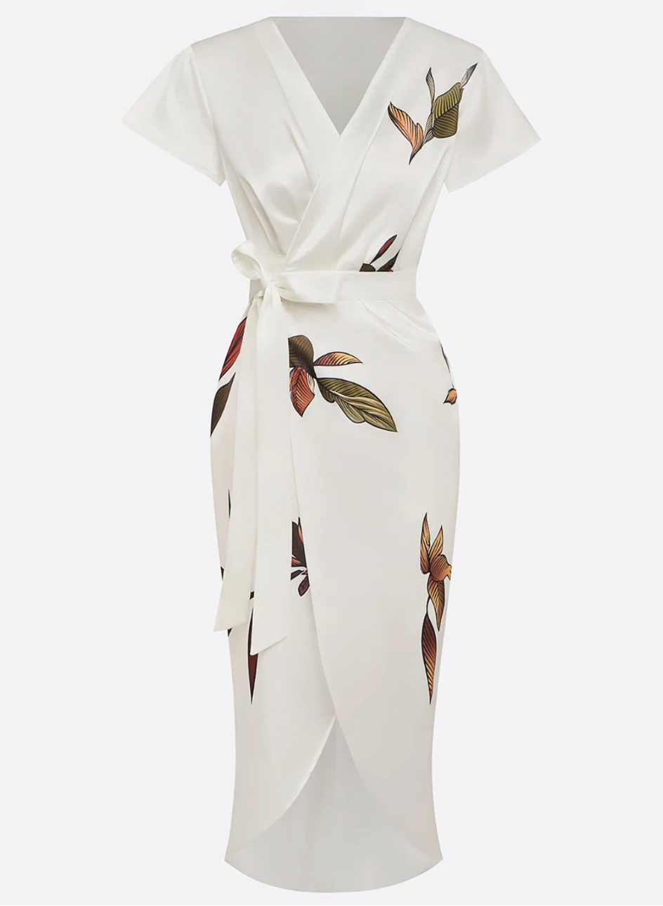 Sofia™ -Abito midi elegante in raso bianco con maniche corte e nodo laterale