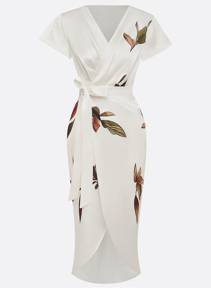 Sofia™ -Abito midi elegante in raso bianco con maniche corte e nodo laterale