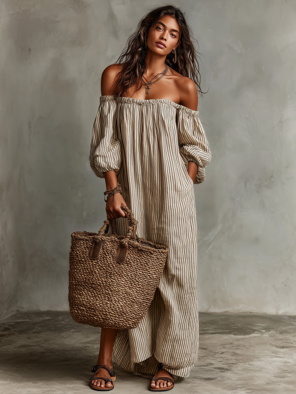 Carmen | Abito lungo in cotone e lino con spalle scoperte