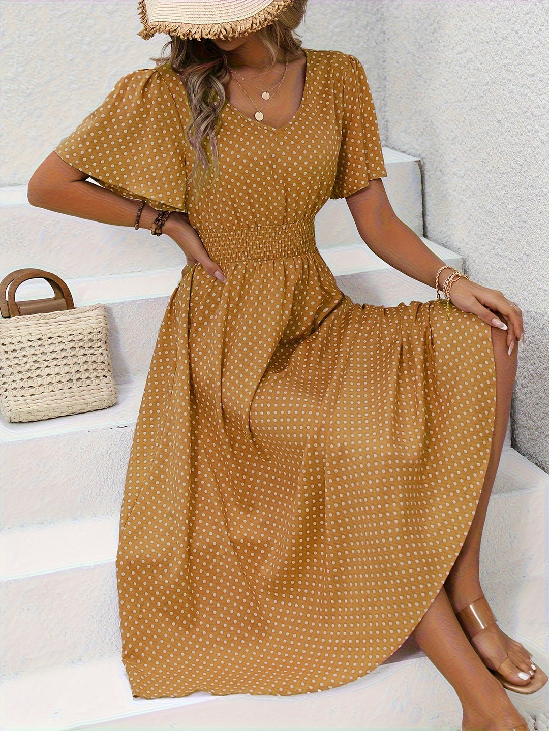 Chic Pink Polka Dot Midi Dress for Women - Casual V-Neck, Ruffle Sleeves, Cinched Waist Design, Lightweight Polyester, Perfect for Spring/Summer, Machine Washable