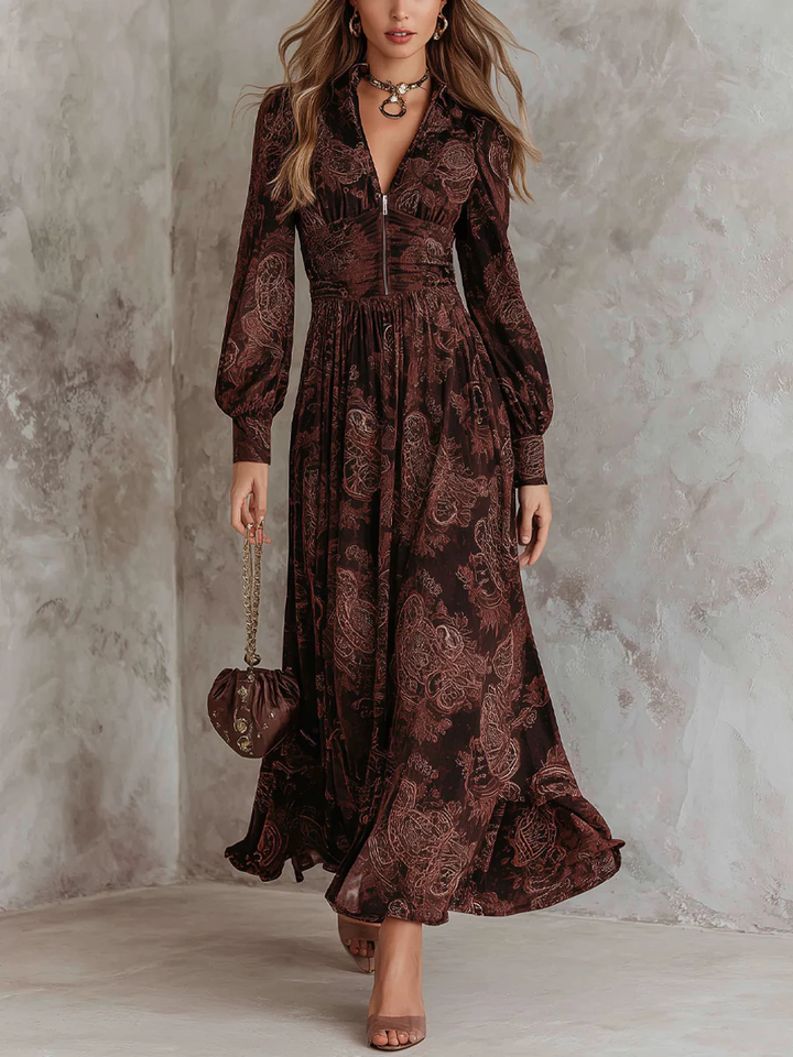 VALENTINA™ | ABITO MAXI CON ZIP E STAMPA PAISLEY