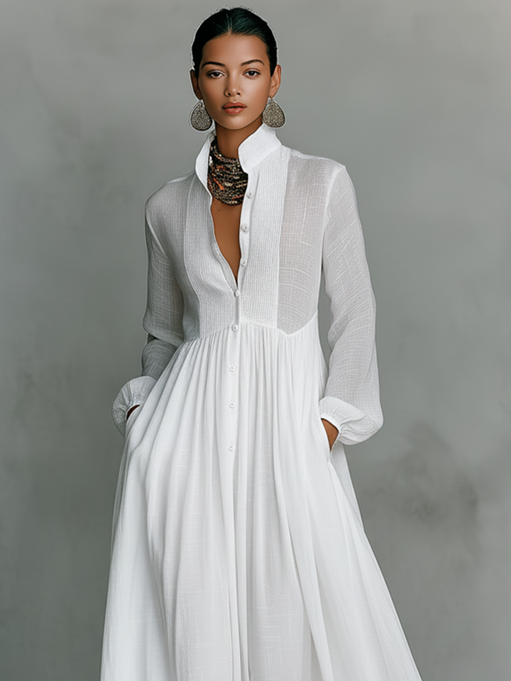 Abito Maxi Minimalista in Cotone e Lino con Pannelli per Donne, Collo Alto, Maniche Lunghe, Abbottonatura Singola MDA0658K6Y