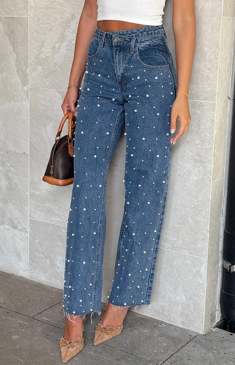 Sofia™ | Celeste - Jeans con Perle di Lusso