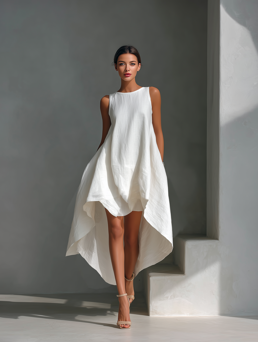 Abito Midi Senza Maniche in Lino Bianco da Donna con Collo Rotondo e Orlo Asimmetrico MDZ0987B9T