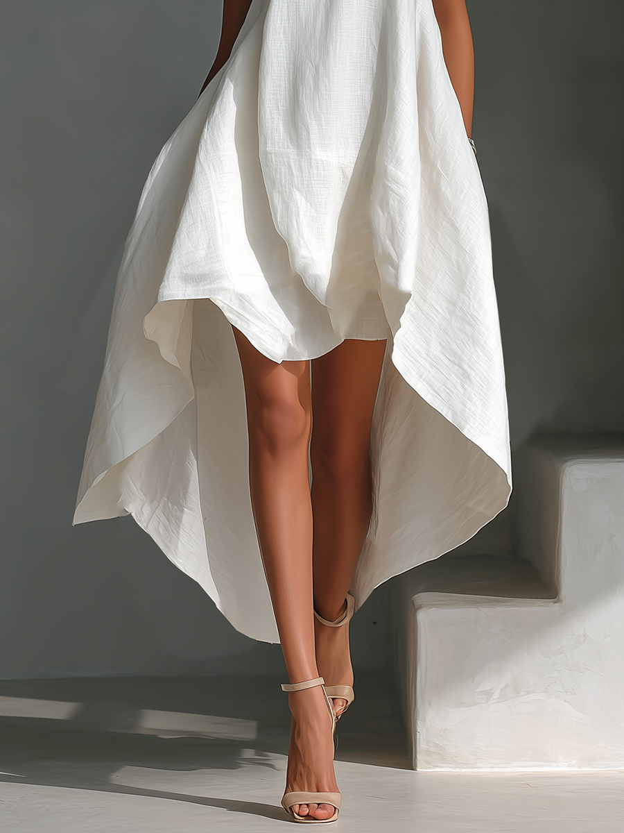 Abito Midi Senza Maniche in Lino Bianco da Donna con Collo Rotondo e Orlo Asimmetrico MDZ0987B9T