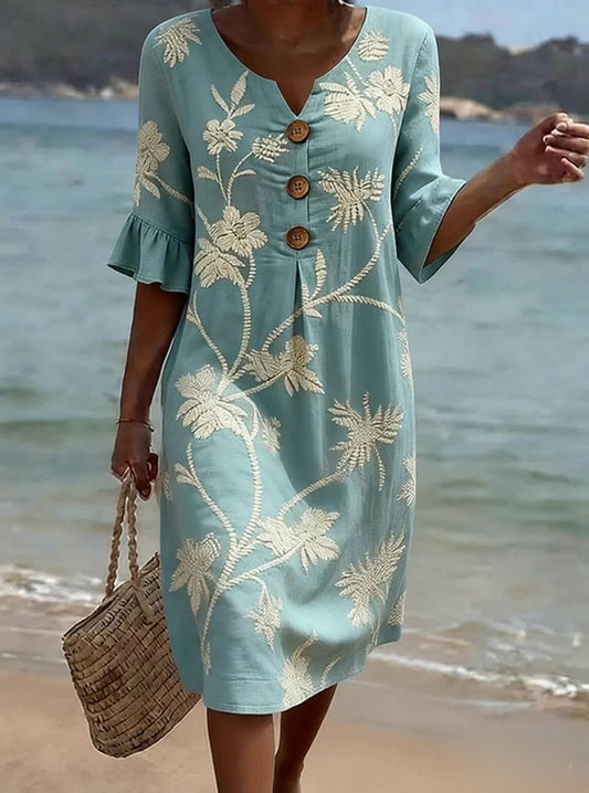 Abito Casual in Cotone-Lino con Stampa Floreale da Donna