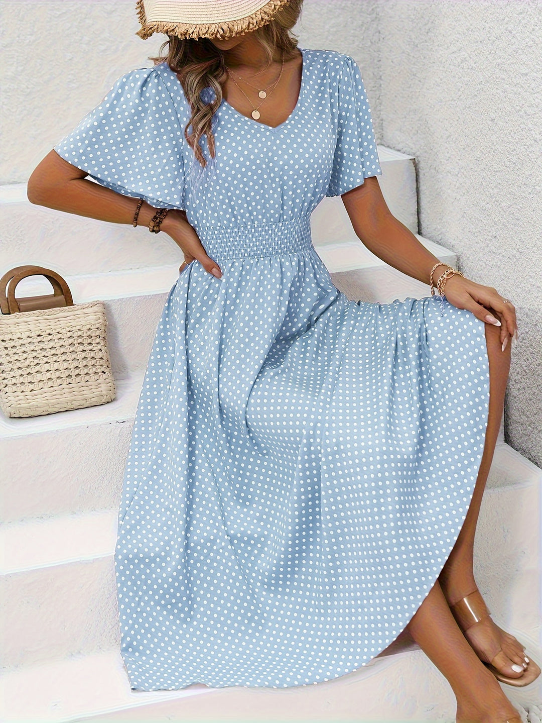 Chic Pink Polka Dot Midi Dress for Women - Casual V-Neck, Ruffle Sleeves, Cinched Waist Design, Lightweight Polyester, Perfect for Spring/Summer, Machine Washable