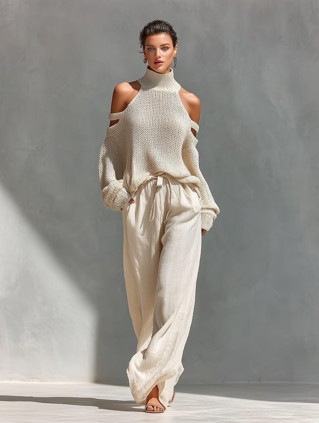 Top a Collo Alto in Maglia Beige con Spalle Scoperte e Pantaloni a Gamba Larga da Donna MDZ0984A5T