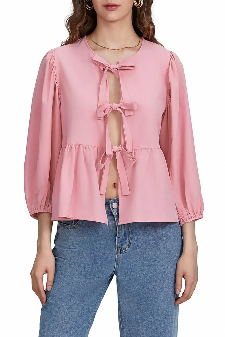 Sofia™ | Blusa con maniche a sbuffo, peplum e fiocchetti