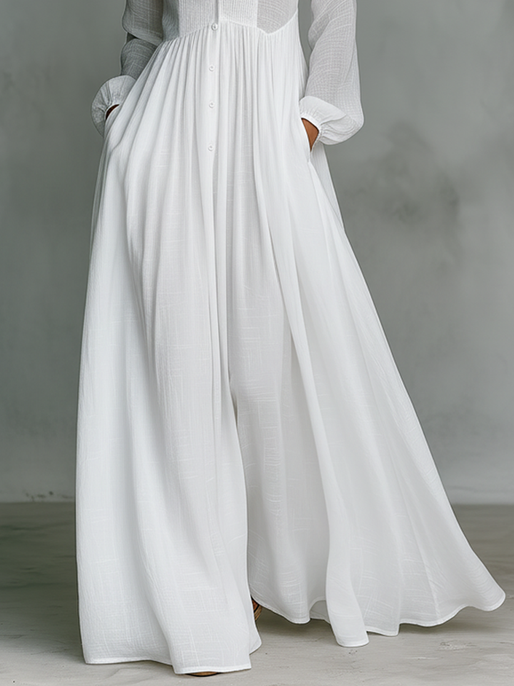 Abito Maxi Minimalista in Cotone e Lino con Pannelli per Donne, Collo Alto, Maniche Lunghe, Abbottonatura Singola MDA0658K6Y