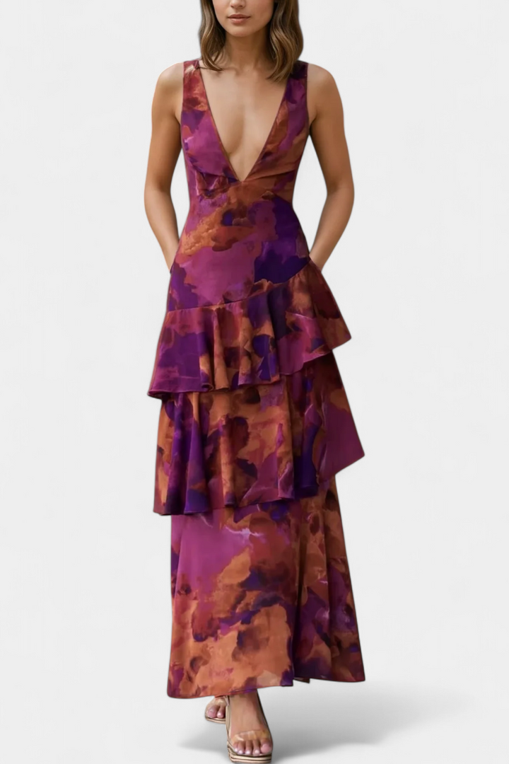 Giulia | Vestito in Georgette con Scollatura a V e Strati Fluttuanti