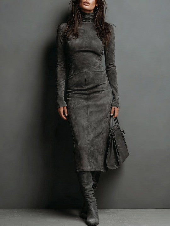Ilaria - Abito Midi in Suede con Collo Alto e Maniche Lunghe