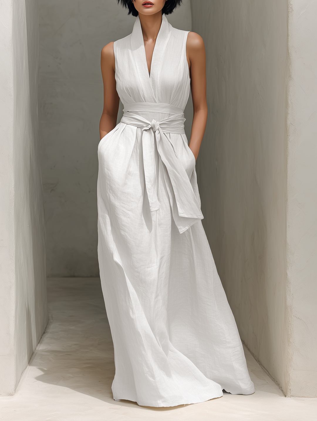 Abito Maxi Senza Maniche In Cotone E Lino Minimalista Con Scollatura A V E Cintura MDZ0803A4Y