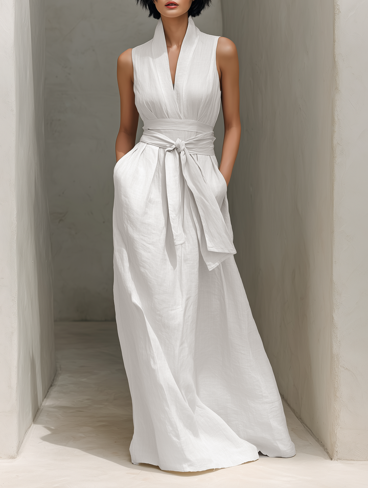 Abito Maxi Senza Maniche In Cotone E Lino Minimalista Con Scollatura A V E Cintura MDZ0803A4Y