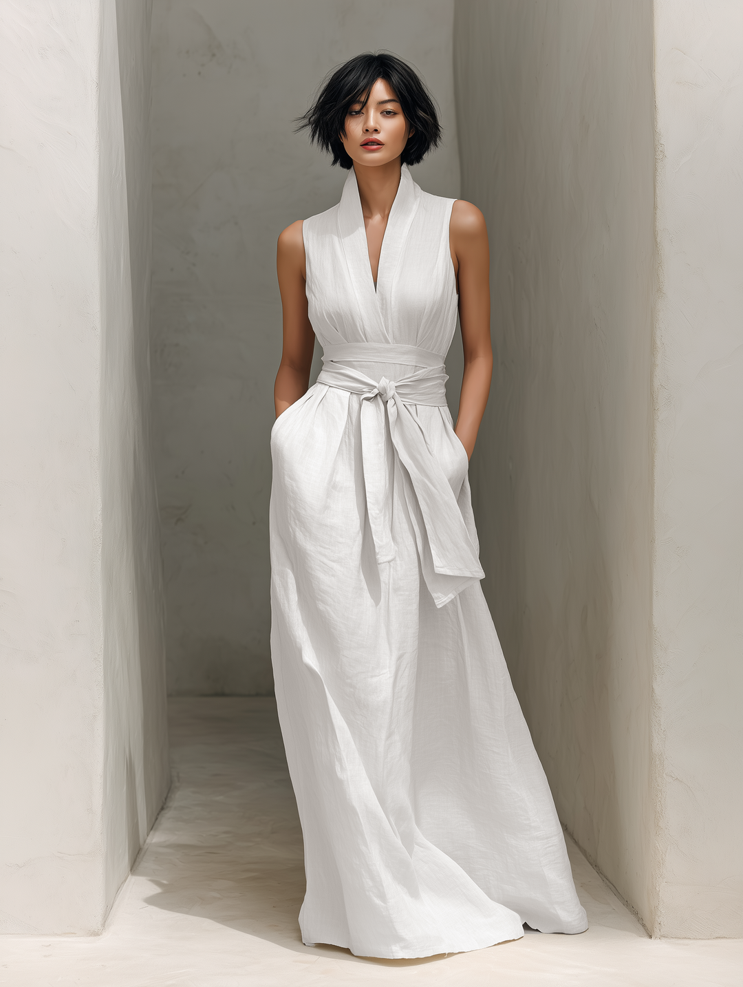 Abito Maxi Senza Maniche In Cotone E Lino Minimalista Con Scollatura A V E Cintura MDZ0803A4Y