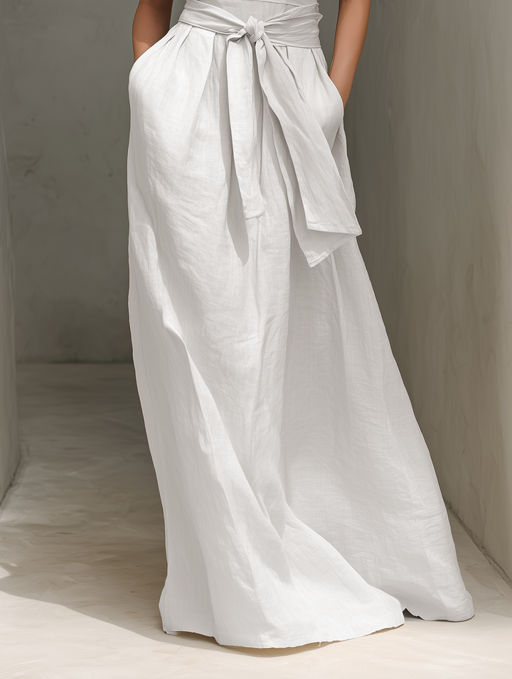 Abito Maxi Senza Maniche In Cotone E Lino Minimalista Con Scollatura A V E Cintura MDZ0803A4Y